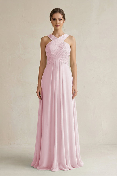 Cross Halter Chiffon A - Line Pleated Bridesmaid Dress in Candy Pink - KissProm Bridesmaid Dresses