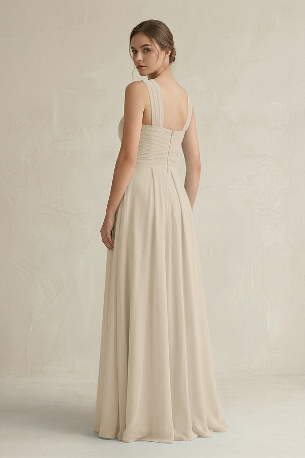 Cross Halter Chiffon A - Line Pleated Bridesmaid Dress in Champagne - KissProm Bridesmaid Dresses