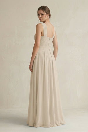 Cross Halter Chiffon A - Line Pleated Bridesmaid Dress in Champagne - KissProm Bridesmaid Dresses