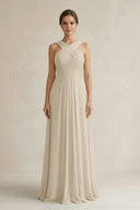 Cross Halter Chiffon A - Line Pleated Bridesmaid Dress in Champagne - KissProm Bridesmaid Dresses