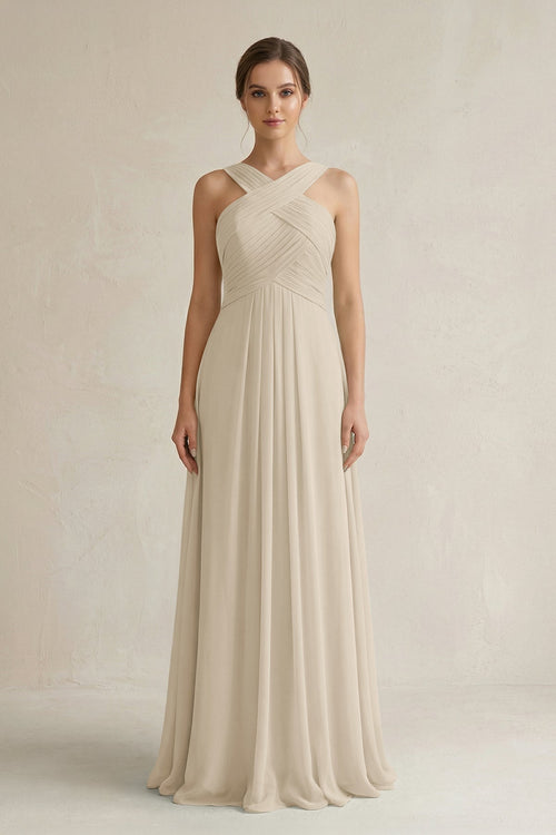 Cross Halter Chiffon A - Line Pleated Bridesmaid Dress in Champagne - KissProm Bridesmaid Dresses