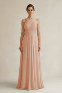 Cross Halter Chiffon A - Line Pleated Bridesmaid Dress in Champagne Rose - KissProm Bridesmaid Dresses