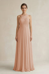 Cross Halter Chiffon A - Line Pleated Bridesmaid Dress in Champagne Rose - KissProm Bridesmaid Dresses