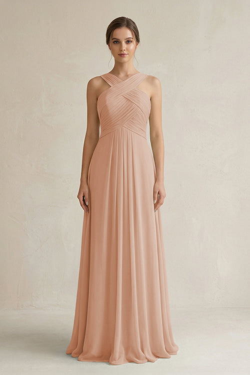 Cross Halter Chiffon A - Line Pleated Bridesmaid Dress in Champagne Rose - KissProm Bridesmaid Dresses