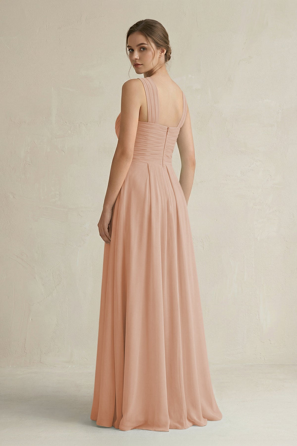Cross Halter Chiffon A - Line Pleated Bridesmaid Dress in Champagne Rose - KissProm Bridesmaid Dresses