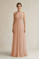 Cross Halter Chiffon A - Line Pleated Bridesmaid Dress in Champagne Rose - KissProm Bridesmaid Dresses