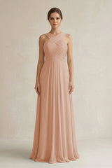 Cross Halter Chiffon A - Line Pleated Bridesmaid Dress in Champagne Rose - KissProm Bridesmaid Dresses