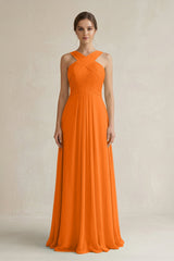 Cross Halter Chiffon A - Line Pleated Bridesmaid Dress in Cinnamon - KissProm Bridesmaid Dresses