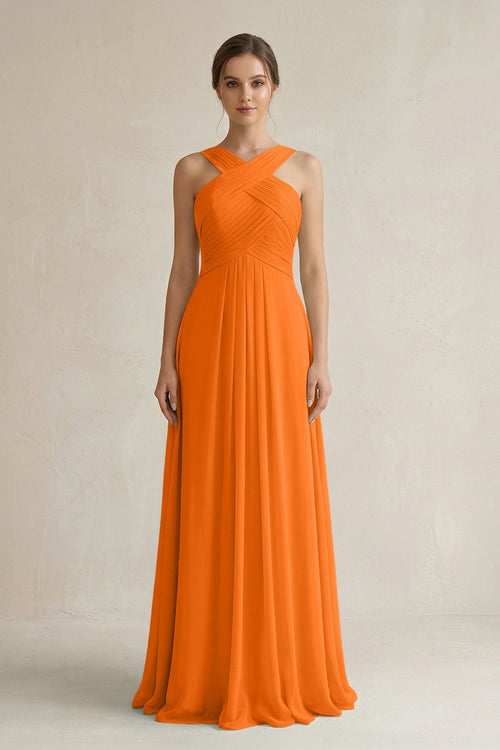 Cross Halter Chiffon A - Line Pleated Bridesmaid Dress in Cinnamon - KissProm Bridesmaid Dresses