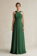 Cross Halter Chiffon A - Line Pleated Bridesmaid Dress in Dark Green - KissProm Bridesmaid Dresses