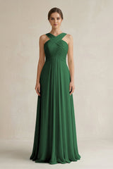 Cross Halter Chiffon A - Line Pleated Bridesmaid Dress in Dark Green - KissProm Bridesmaid Dresses