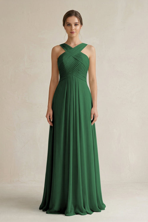 Cross Halter Chiffon A - Line Pleated Bridesmaid Dress in Dark Green - KissProm Bridesmaid Dresses
