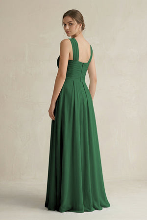 Cross Halter Chiffon A - Line Pleated Bridesmaid Dress in Dark Green - KissProm Bridesmaid Dresses