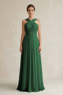 Cross Halter Chiffon A - Line Pleated Bridesmaid Dress in Dark Green - KissProm Bridesmaid Dresses