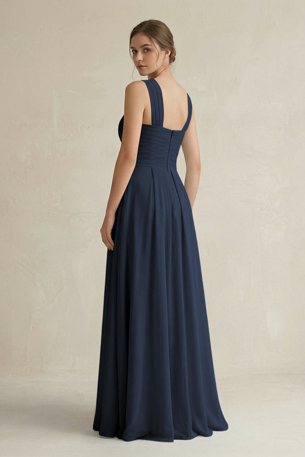 Cross Halter Chiffon A - Line Pleated Bridesmaid Dress in Dark Navy - KissProm Bridesmaid Dresses