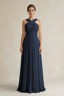 Cross Halter Chiffon A - Line Pleated Bridesmaid Dress in Dark Navy - KissProm Bridesmaid Dresses