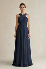Cross Halter Chiffon A - Line Pleated Bridesmaid Dress in Dark Navy - KissProm Bridesmaid Dresses