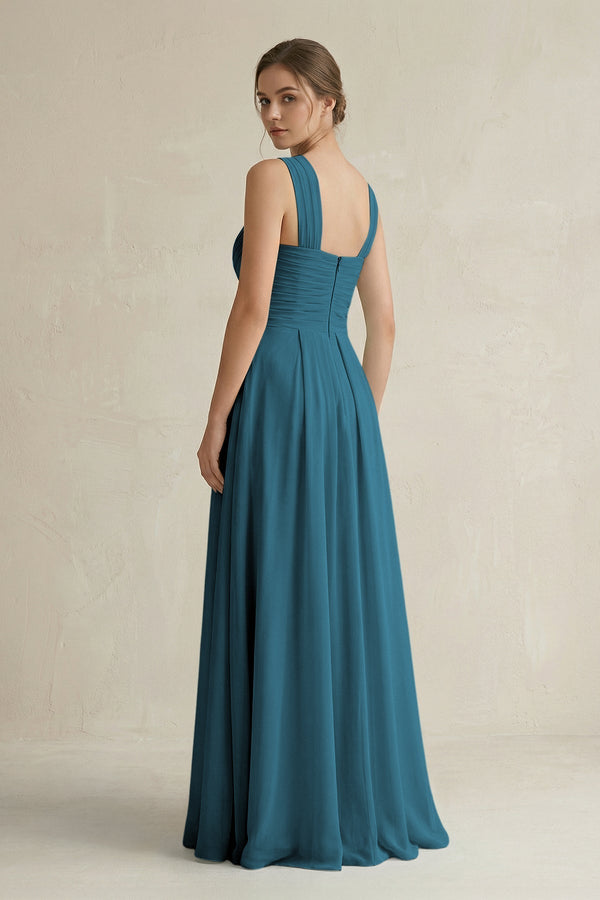 Cross Halter Chiffon A - Line Pleated Bridesmaid Dress in Dark Teal - KissProm Bridesmaid Dresses