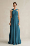 Cross Halter Chiffon A - Line Pleated Bridesmaid Dress in Dark Teal - KissProm Bridesmaid Dresses