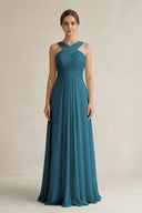 Cross Halter Chiffon A - Line Pleated Bridesmaid Dress in Dark Teal - KissProm Bridesmaid Dresses
