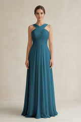 Cross Halter Chiffon A - Line Pleated Bridesmaid Dress in Dark Teal - KissProm Bridesmaid Dresses