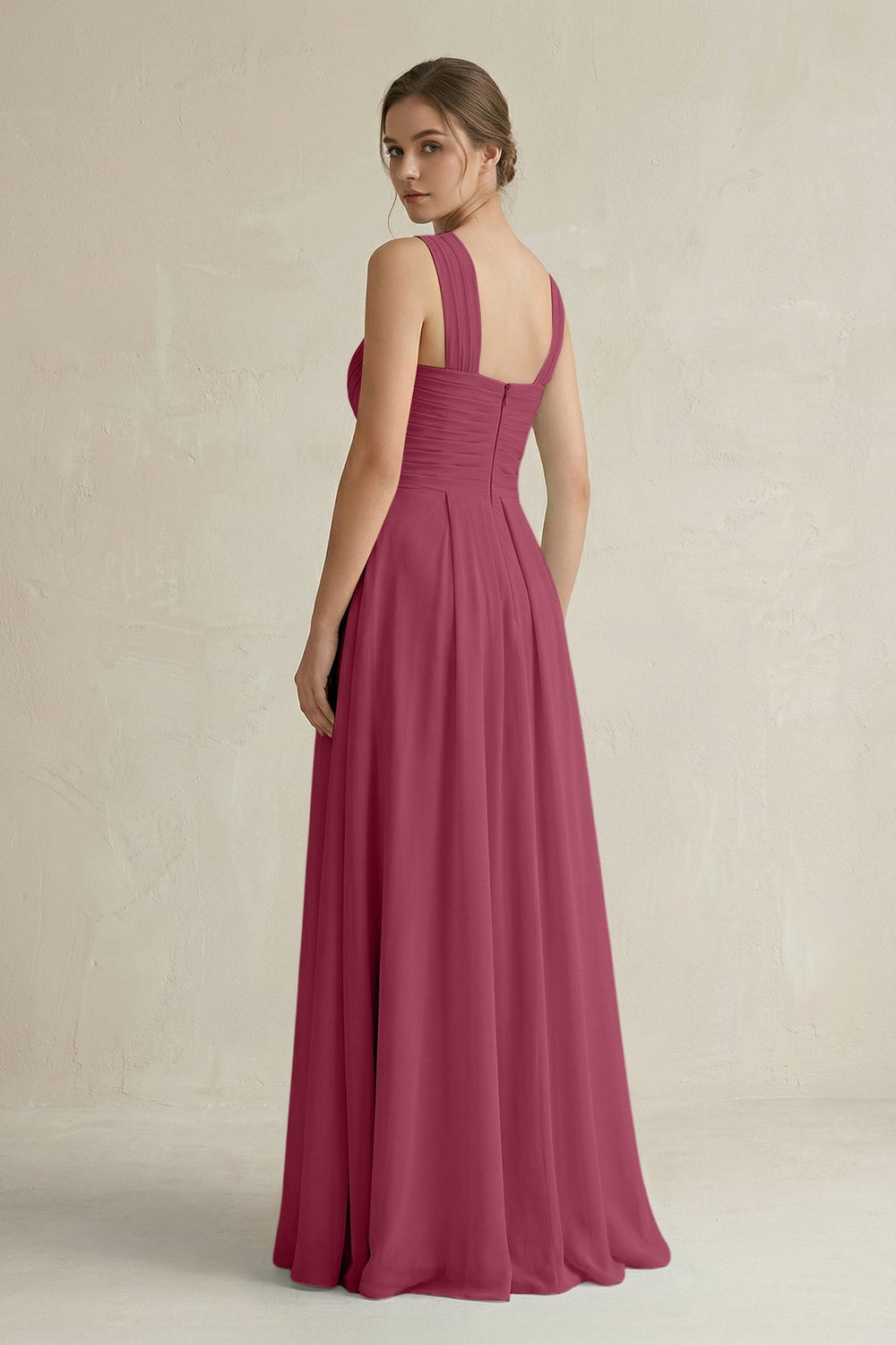 Cross Halter Chiffon A - Line Pleated Bridesmaid Dress in Desert Rose - KissProm Bridesmaid Dresses