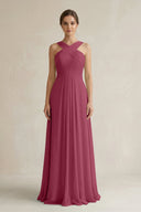 Cross Halter Chiffon A - Line Pleated Bridesmaid Dress in Desert Rose - KissProm Bridesmaid Dresses