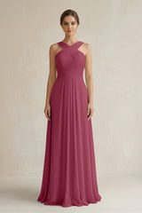 Cross Halter Chiffon A - Line Pleated Bridesmaid Dress in Desert Rose - KissProm Bridesmaid Dresses