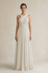 Cross Halter Chiffon A - Line Pleated Bridesmaid Dress in Dove Gray - KissProm Bridesmaid Dresses