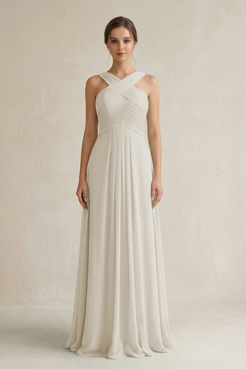 Cross Halter Chiffon A - Line Pleated Bridesmaid Dress in Dove Gray - KissProm Bridesmaid Dresses