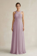 Cross Halter Chiffon A - Line Pleated Bridesmaid Dress in Dusk - KissProm Bridesmaid Dresses