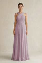 Cross Halter Chiffon A - Line Pleated Bridesmaid Dress in Dusk - KissProm Bridesmaid Dresses