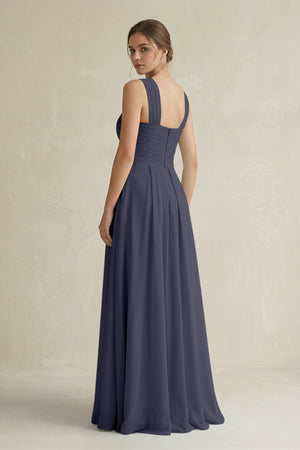 Cross Halter Chiffon A - Line Pleated Bridesmaid Dress in Dusk Blue - KissProm Bridesmaid Dresses