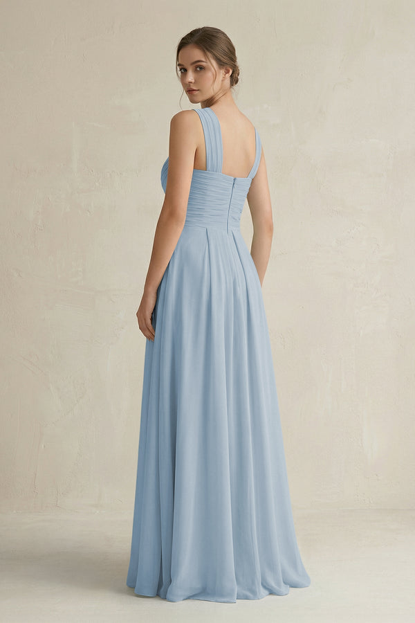 Cross Halter Chiffon A - Line Pleated Bridesmaid Dress in Dusty Blue - KissProm Bridesmaid Dresses
