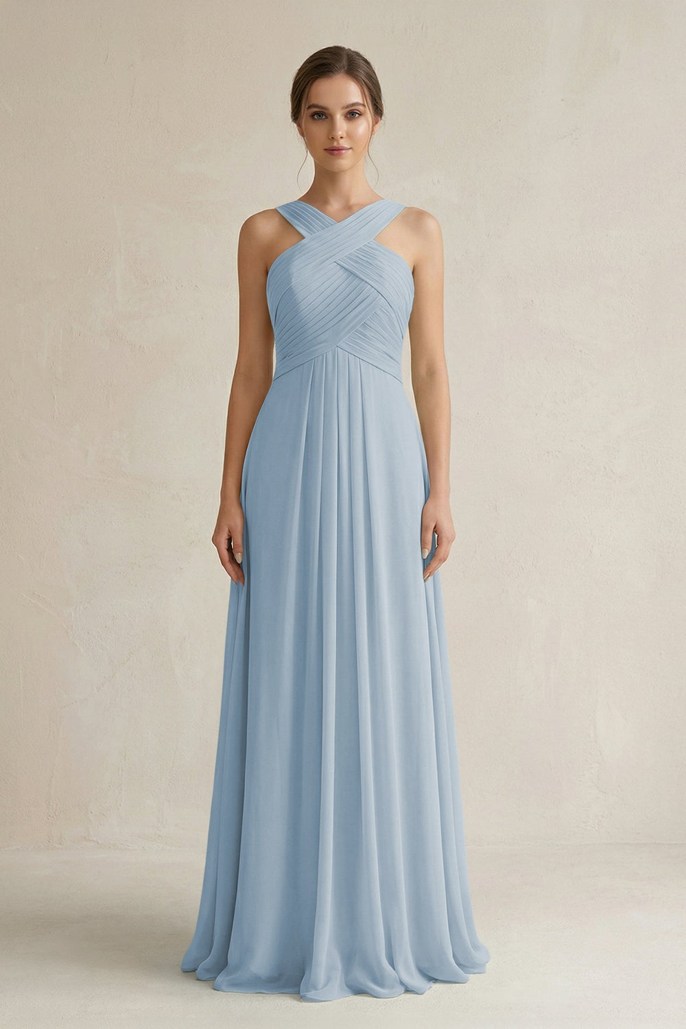 Cross Halter Chiffon A - Line Pleated Bridesmaid Dress in Dusty Blue - KissProm Bridesmaid Dresses