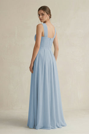 Cross Halter Chiffon A - Line Pleated Bridesmaid Dress in Dusty Blue - KissProm Bridesmaid Dresses