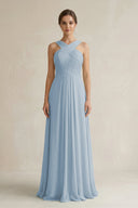 Cross Halter Chiffon A - Line Pleated Bridesmaid Dress in Dusty Blue - KissProm Bridesmaid Dresses