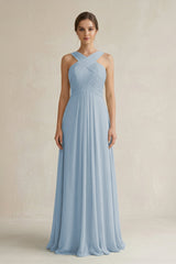 Cross Halter Chiffon A - Line Pleated Bridesmaid Dress in Dusty Blue - KissProm Bridesmaid Dresses