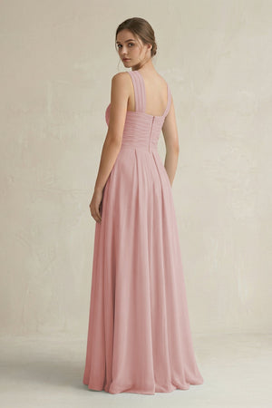 Cross Halter Chiffon A - Line Pleated Bridesmaid Dress in Dusty Rose - KissProm Bridesmaid Dresses