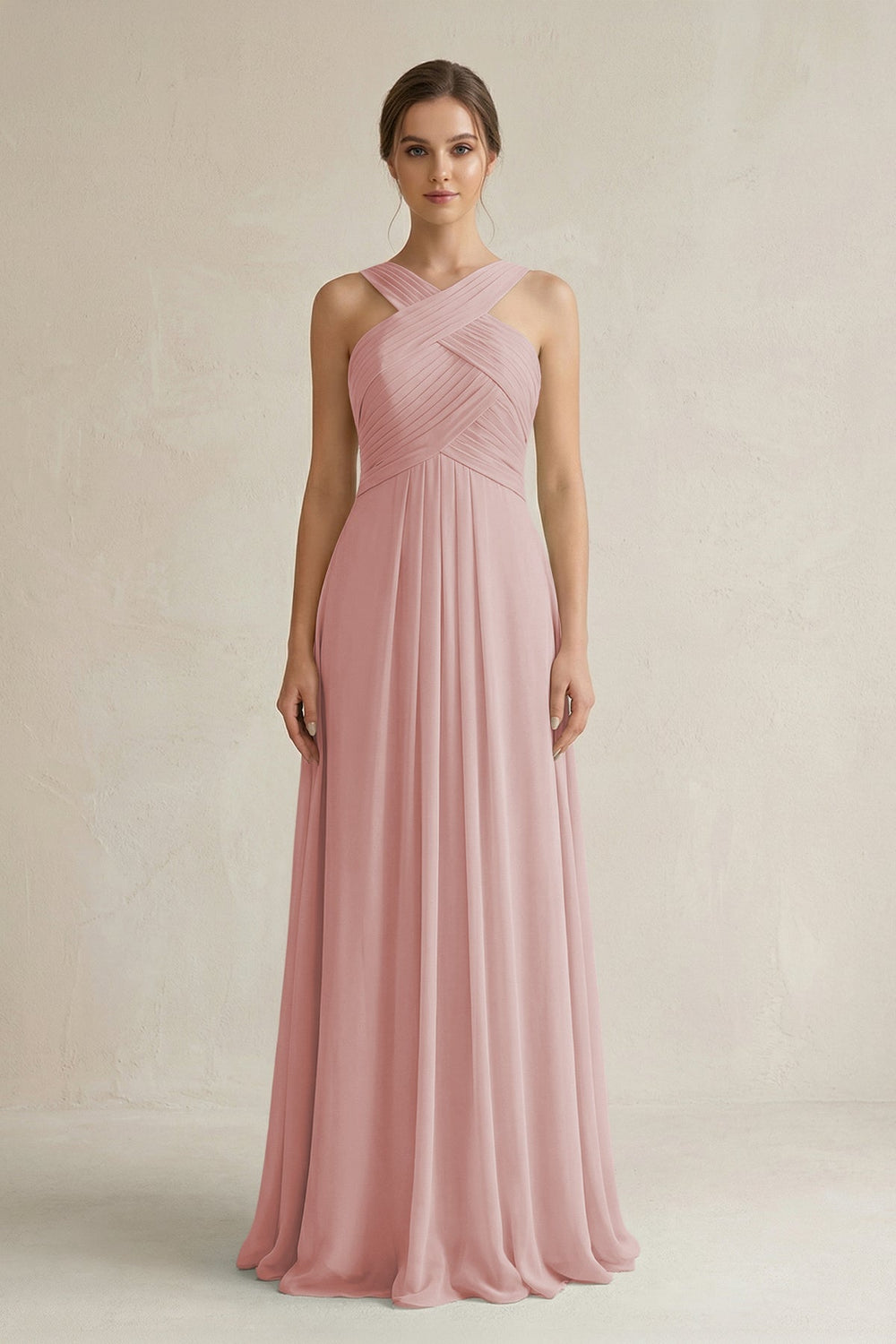 Cross Halter Chiffon A - Line Pleated Bridesmaid Dress in Dusty Rose - KissProm Bridesmaid Dresses