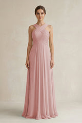 Cross Halter Chiffon A - Line Pleated Bridesmaid Dress in Dusty Rose - KissProm Bridesmaid Dresses