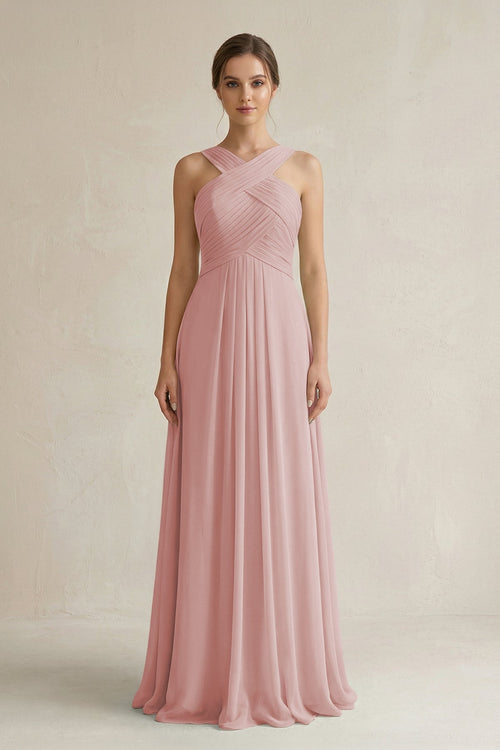 Cross Halter Chiffon A - Line Pleated Bridesmaid Dress in Dusty Rose - KissProm Bridesmaid Dresses
