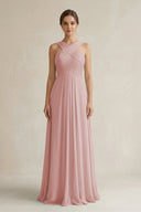 Cross Halter Chiffon A - Line Pleated Bridesmaid Dress in Dusty Rose - KissProm Bridesmaid Dresses
