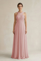 Cross Halter Chiffon A - Line Pleated Bridesmaid Dress in Dusty Rose - KissProm Bridesmaid Dresses