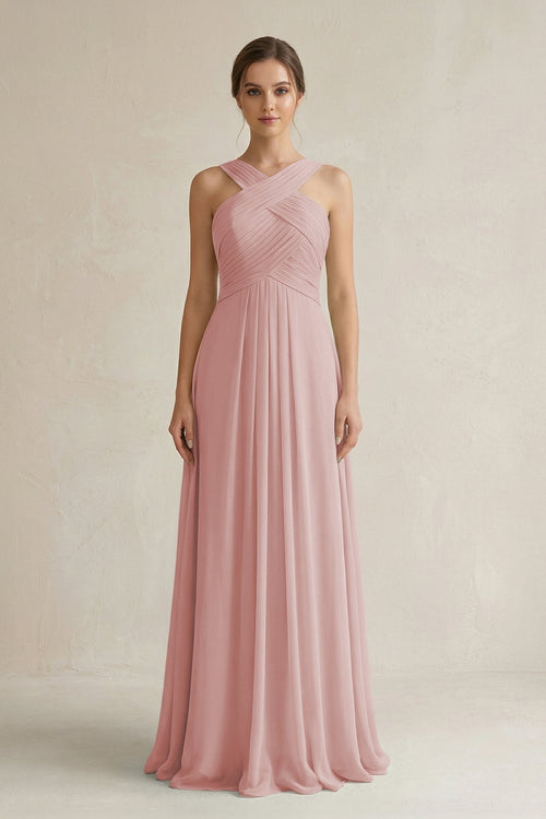 Cross Halter Chiffon A - Line Pleated Bridesmaid Dress in Dusty Rose - KissProm Bridesmaid Dresses