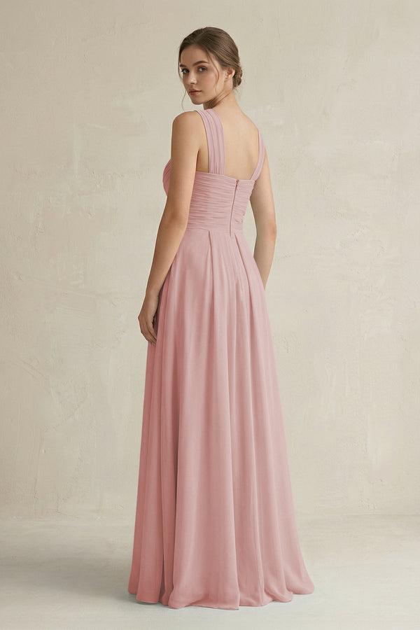 Cross Halter Chiffon A - Line Pleated Bridesmaid Dress in Dusty Rose - KissProm Bridesmaid Dresses