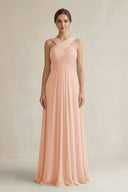 Cross Halter Chiffon A - Line Pleated Bridesmaid Dress in English Rose - KissProm Bridesmaid Dresses