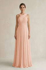 Cross Halter Chiffon A - Line Pleated Bridesmaid Dress in English Rose - KissProm Bridesmaid Dresses
