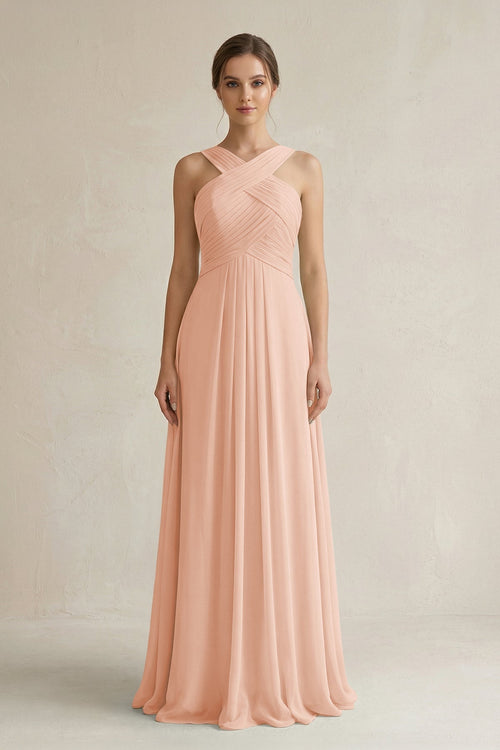 Cross Halter Chiffon A - Line Pleated Bridesmaid Dress in English Rose - KissProm Bridesmaid Dresses