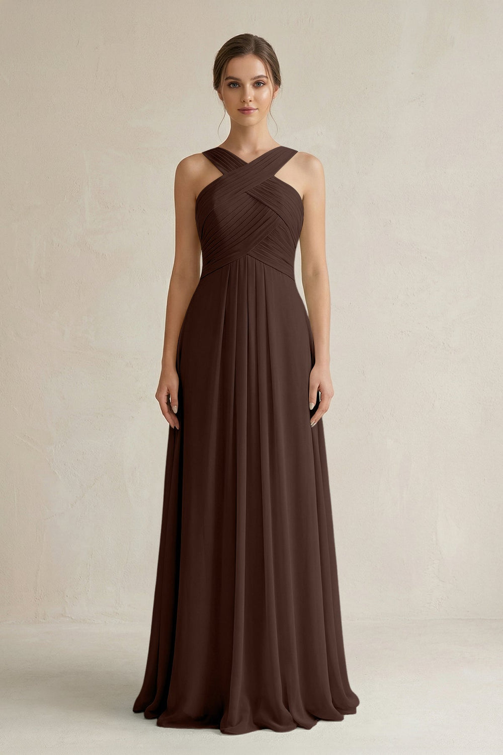 Cross Halter Chiffon A - Line Pleated Bridesmaid Dress in Espresso - KissProm Bridesmaid Dresses